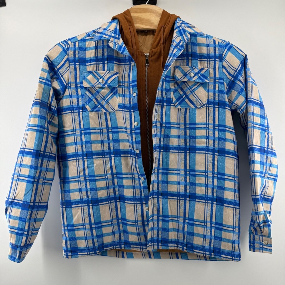 Blue Plaid Brown Hooded Jacket Medium Zip Button Outerwear Fall Outdoor Hiking